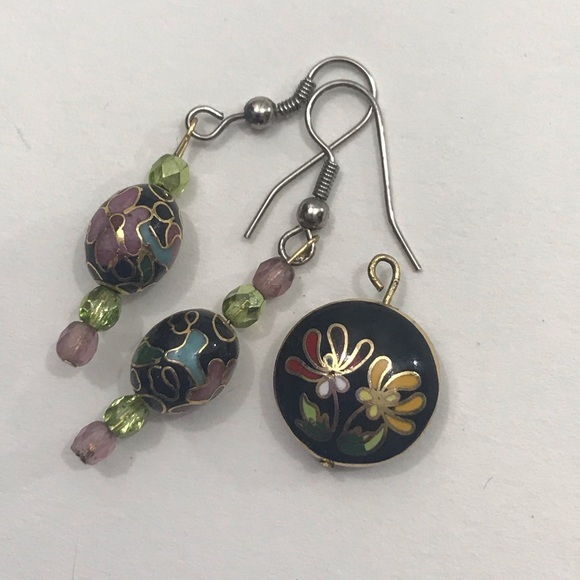Vintage 80s Cloissonne Enamel Earrings Pendant - Picture 1 of 5